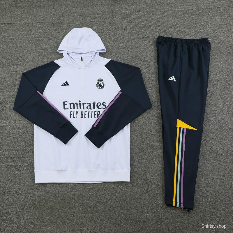 23/24 Real Madrid White Hoodie Half Zipper Jacket+ Pants